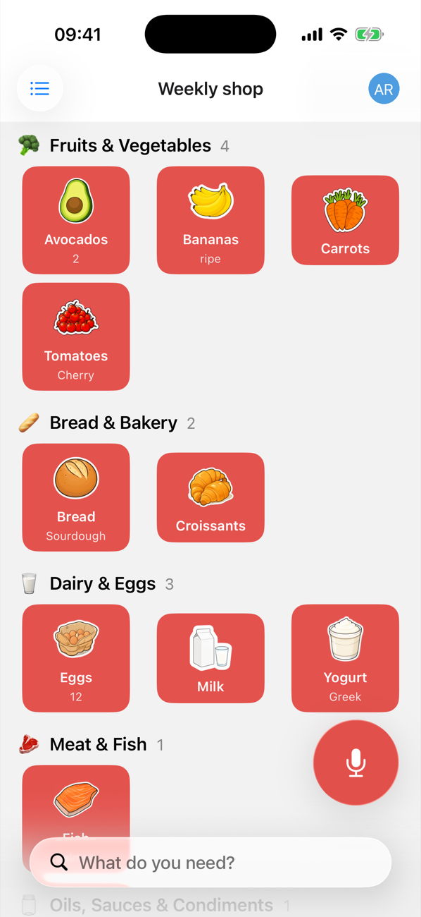 Better Groceries on iPhone: a Weekly shop list sorted by aisle, with avocados, bananas, cherry tomatoes, sourdough bread, eggs, milk and Greek yogurt
